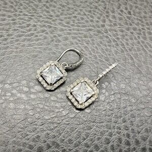 Silver Tone Drop Earrings Square Halo CZ Dangle Fine Jewelry Women 1 Inch Drop